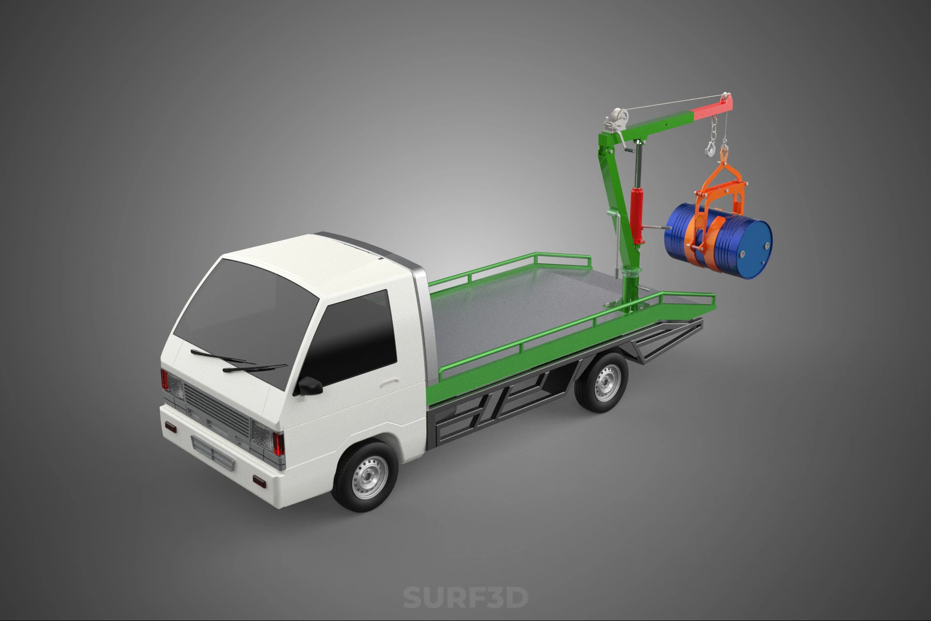 FLATBED TRUCK PICKUP CRANE LIFTING WINCH HOIST JIB DRUM BARREL 3D Model .c4d .max .obj .3ds .fbx .stl .blend