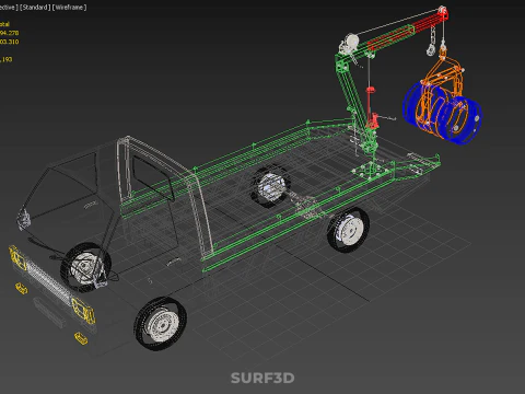 FLATBED TRUCK PICKUP CRANE LIFTING WINCH HOIST JIB DRUM BARREL 3D Model