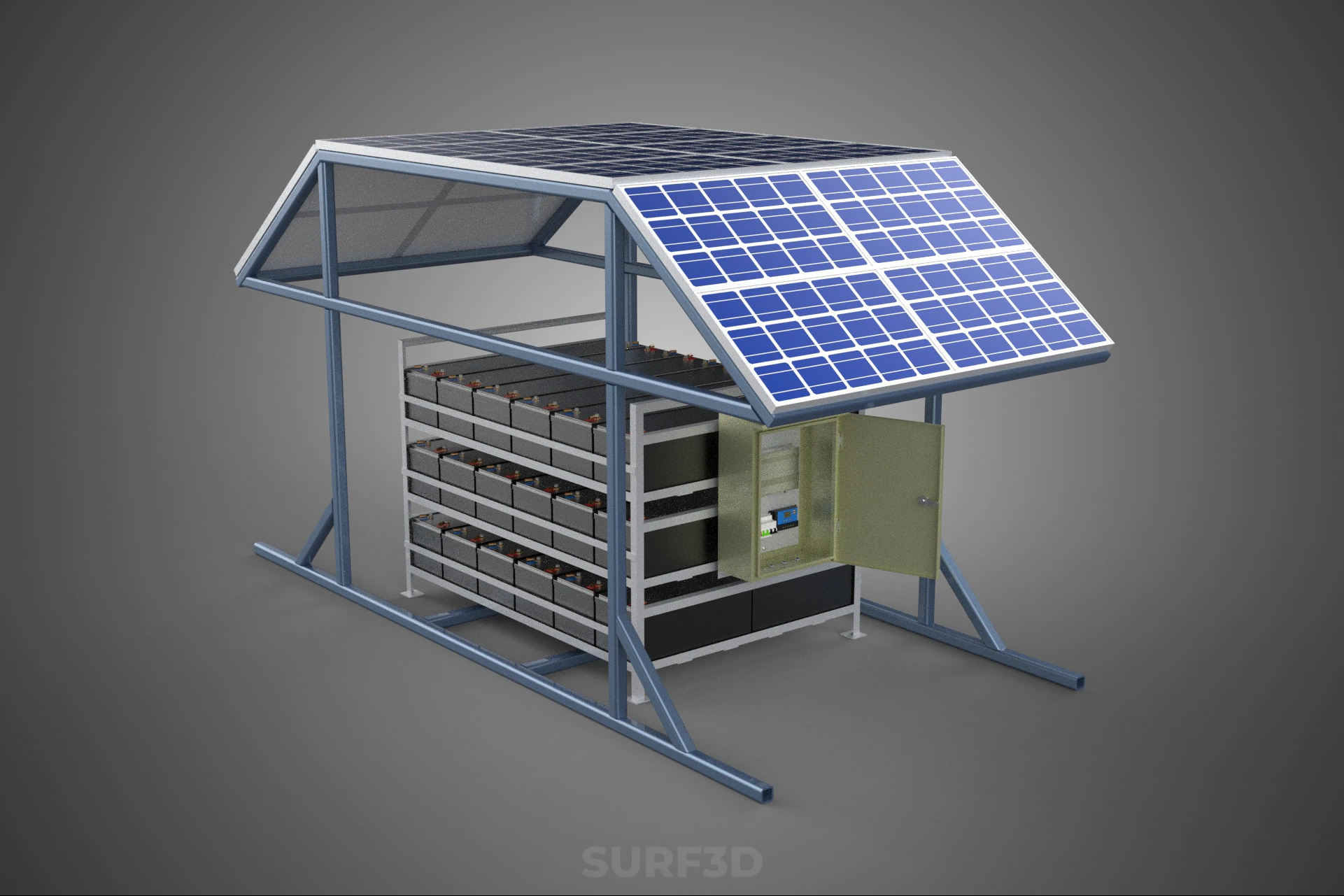 ENERGY POWER STATION SOLAR PANEL PV ARRAY RACK BATTERY BANK PACK 3D Model .c4d .max .obj .3ds .fbx .stl .blend