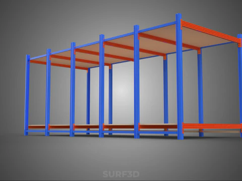 FRAME HORIZONTAL WOOD METAL WAREHOUSE SHELVING STORAGE RACK TRAY 3D Model
