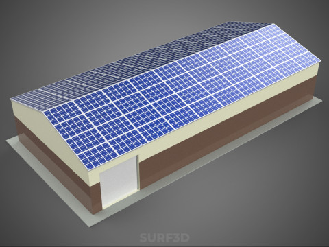 屋顶太阳能电池板供电车间车库仓库储藏室 3D 模型
