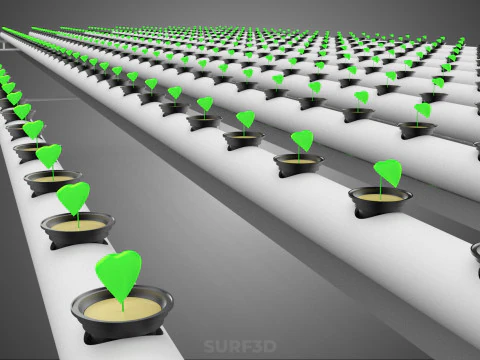 ARRAY ROWS PLANTS CROPS LARGE SCALE NFT HYDROPONIC SETUP FARMING 3D Model