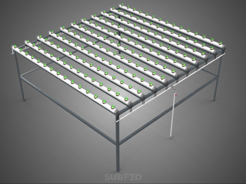 CONFIGURACIÓN DE GRANJA HIDROPONICA PLANTAS DE CRECIMIENTO EN MACETAS REDES TUBOS NFT PARALELOS Modelo 3D