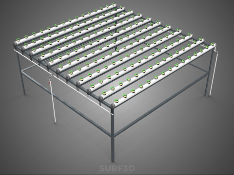 CONFIGURACIÓN DE GRANJA HIDROPONICA PLANTAS DE CRECIMIENTO EN MACETAS REDES TUBOS NFT PARALELOS Modelo 3D