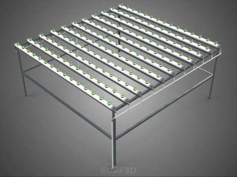 CONFIGURACIÓN DE GRANJA HIDROPONICA PLANTAS DE CRECIMIENTO EN MACETAS REDES TUBOS NFT PARALELOS Modelo 3D