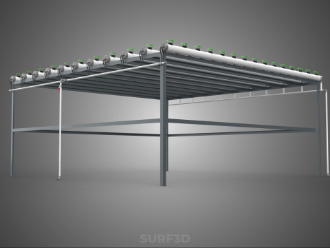 CONFIGURACIÓN DE GRANJA HIDROPONICA PLANTAS DE CRECIMIENTO EN MACETAS REDES TUBOS NFT PARALELOS Modelo 3D