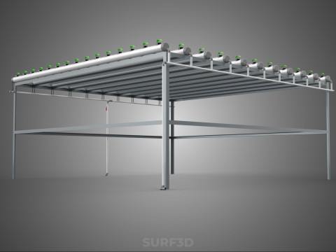 CONFIGURACIÓN DE GRANJA HIDROPONICA PLANTAS DE CRECIMIENTO EN MACETAS REDES TUBOS NFT PARALELOS Modelo 3D