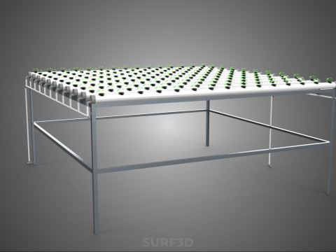 CONFIGURACIÓN DE GRANJA HIDROPONICA PLANTAS DE CRECIMIENTO EN MACETAS REDES TUBOS NFT PARALELOS Modelo 3D