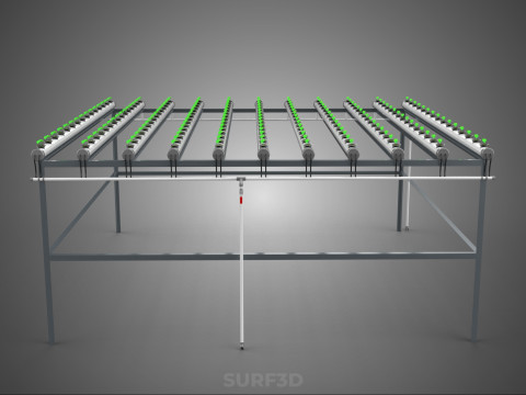 CONFIGURACIÓN DE GRANJA HIDROPONICA PLANTAS DE CRECIMIENTO EN MACETAS REDES TUBOS NFT PARALELOS Modelo 3D