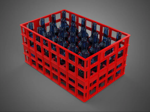 ROOD GLAZEN FLES PLASTIC KRATDOOS CONTAINER OPSLAGREK LADE 3D Model