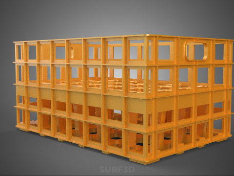 पीली बोतल सॉफ्टड्रिंक कैरियर प्लास्टिक क्रेट बॉक्स कंटेनर रैक 3D मॉडल