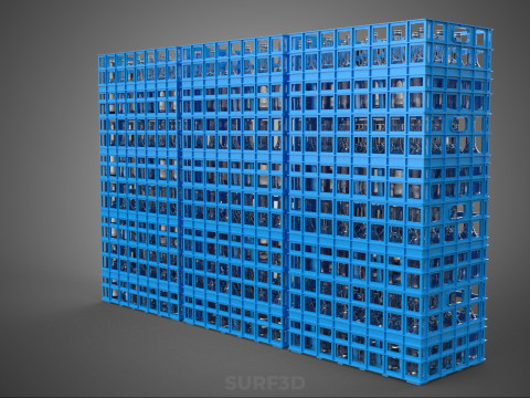 포장된 파란색 플라스틱 병 상자 수직 랙 트레이 상자 3D 모델