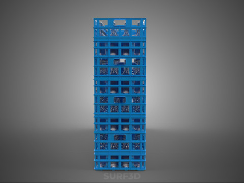 포장된 파란색 플라스틱 병 상자 수직 랙 트레이 상자 3D 모델