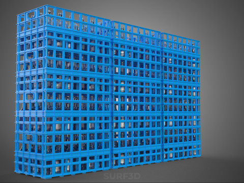 포장된 파란색 플라스틱 병 상자 수직 랙 트레이 상자 3D 모델