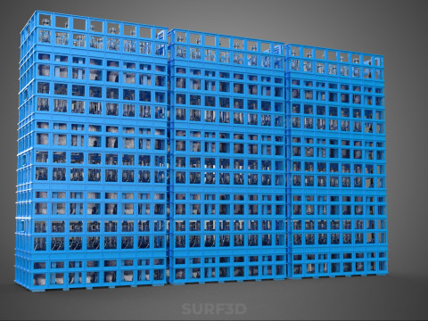 포장된 파란색 플라스틱 병 상자 수직 랙 트레이 상자 3D 모델