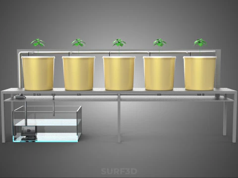 DUTCH BUCKET SYSTEM 5 POT RECIRCULATING HYDROPONICS SETUP PLANT 3D Model
