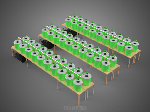 LAYOUT PARALLEL ARRAY ROW SISTEM HIDROPONIK BUCKET BELANDA INDOOR Model 3D