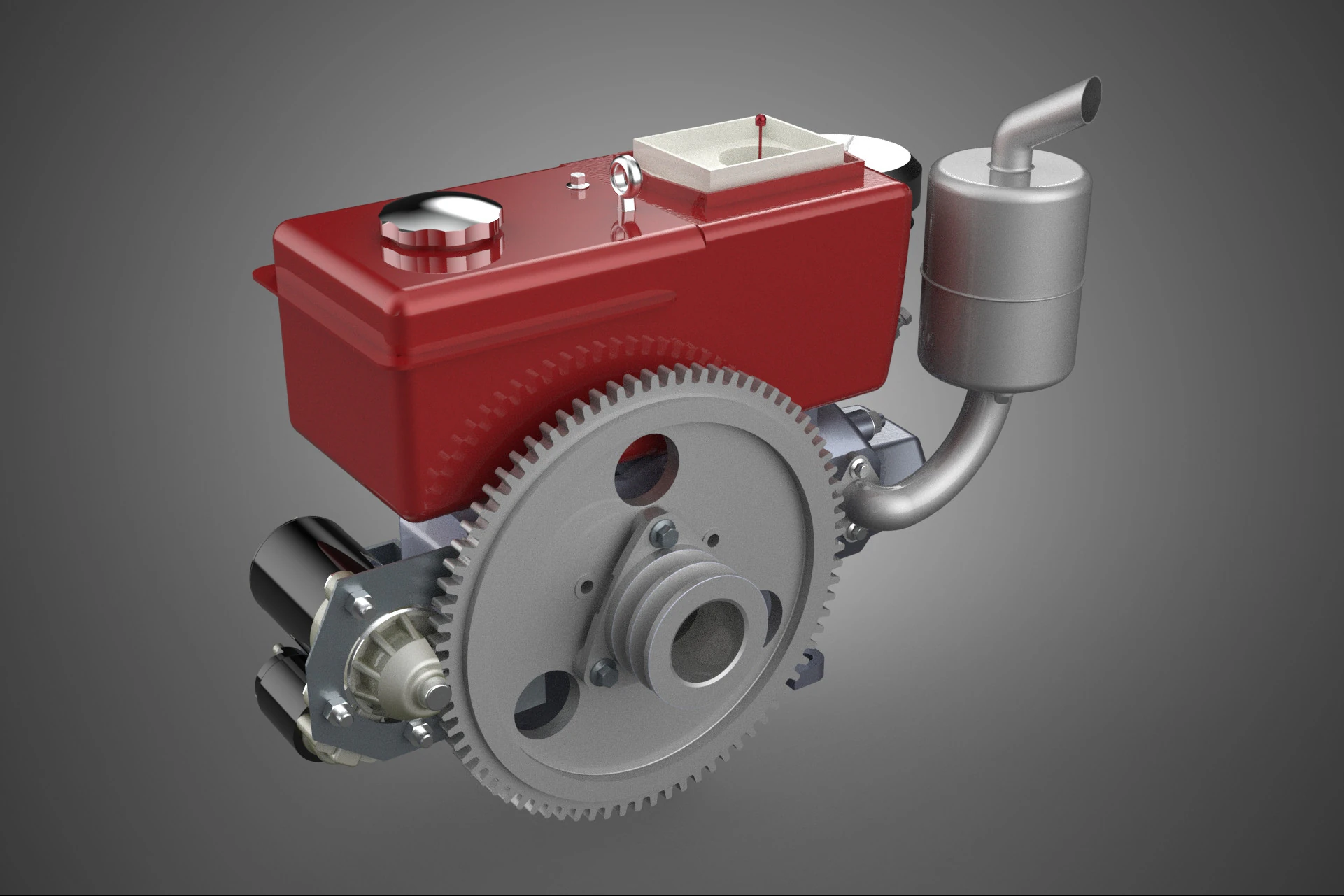 RED SINGLE CYLINDER DIESEL ENGINE MACHINE ELECTRIC STARTER MOTOR 3D Model .c4d .max .obj .3ds .fbx .stl .blend 