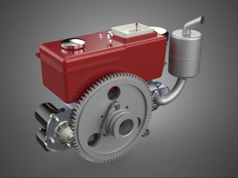 MOTOR DE ARRANQUE EL&Eacute;CTRICO DE LA M&Aacute;QUINA CON MOTOR DIESEL DE UN SOLO CILINDRO ROJO Modelo 3D