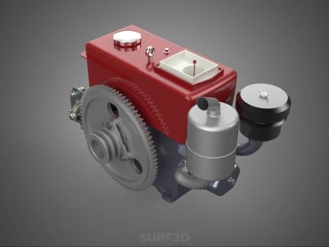 RED SINGLE CYLINDER DIESEL ENGINE MACHINE ELECTRIC STARTER MOTOR 3D Model