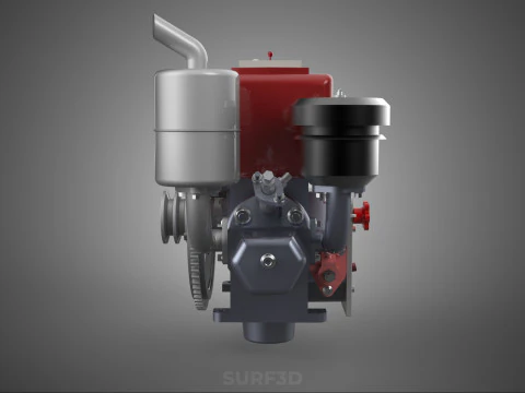 RED SINGLE CYLINDER DIESEL ENGINE MACHINE ELECTRIC STARTER MOTOR 3D Model