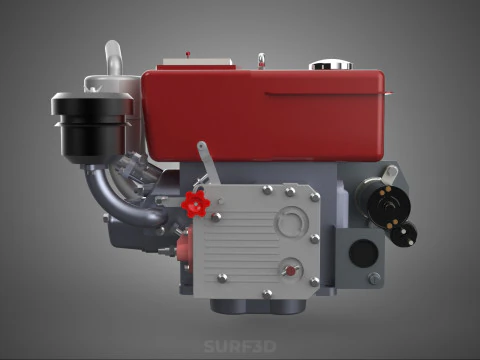 RED SINGLE CYLINDER DIESEL ENGINE MACHINE ELECTRIC STARTER MOTOR 3D Model