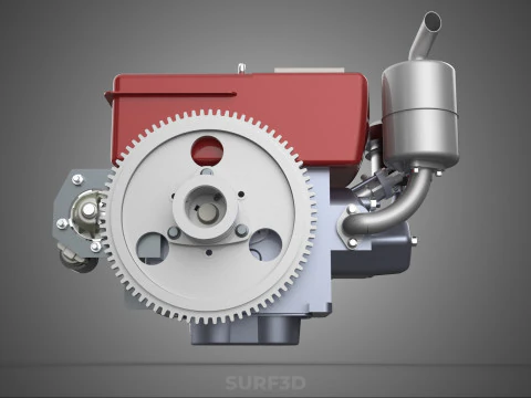 RED SINGLE CYLINDER DIESEL ENGINE MACHINE ELECTRIC STARTER MOTOR 3D Model