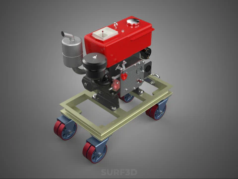 MOBILE DIESEL ENGINE MACHINE MOUNTED WHEELED CART CASTER TROLLEY 3D Model