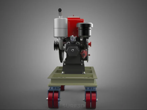 MOBILE DIESEL ENGINE MACHINE MOUNTED WHEELED CART CASTER TROLLEY 3D Model
