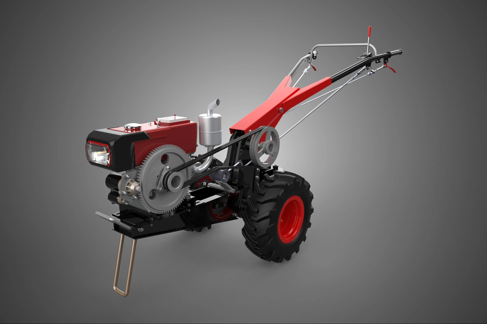 RED DIESEL ENGINE HAND WALKING TRACTOR POWER TILLER MACHINE FARM 3D Model .c4d .max .obj .3ds .fbx .stl .blend 