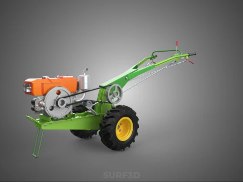 2 WHEEL DIESEL ENGINE HAND WALKING TRACTOR FIELD FARMING MACHINE 3D Model
