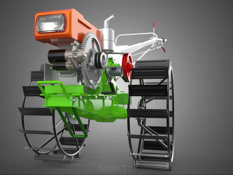 HAND WALKING TRACTOR DIESEL CAGE WHEEL TILLER RICE PADDY FIELD 3D Model