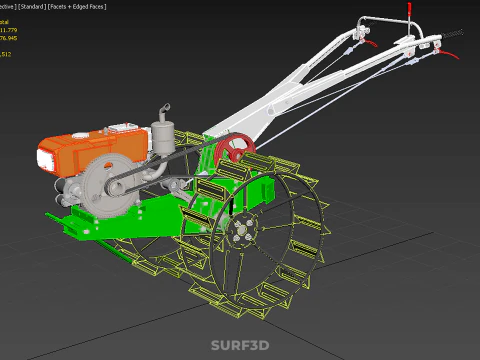 HAND WALKING TRACTOR DIESEL CAGE WHEEL TILLER RICE PADDY FIELD 3D Model