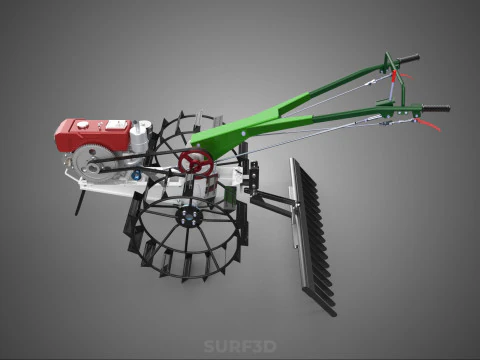COMPACT HAND WALKING TRACTOR RAKING RAKE FIELD PADDY IMPLEMENT 3D Model
