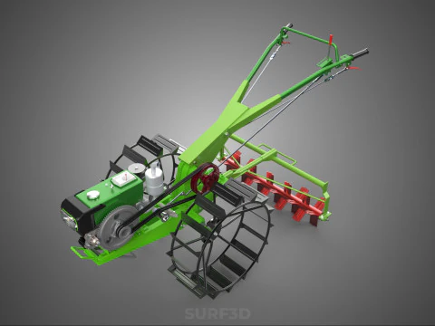 HAND WALKING TRACTOR ROTARY PUDDLER PUDDLING MUD RICE FARMING 3D Model
