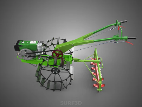 HAND WALKING TRACTOR ROTARY PUDDLER PUDDLING MUD RICE FARMING 3D Model