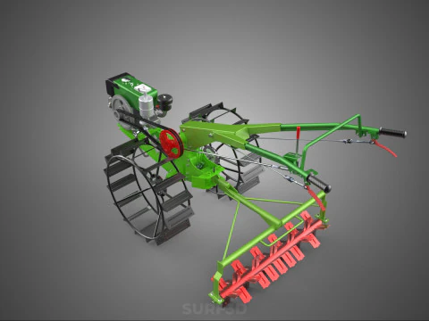 HAND WALKING TRACTOR ROTARY PUDDLER PUDDLING MUD RICE FARMING 3D Model