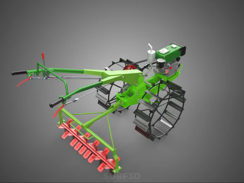 HAND WALKING TRACTOR ROTARY PUDDLER PUDDLING MUD RICE FARMING 3D Model