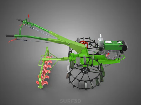 HAND WALKING TRACTOR ROTARY PUDDLER PUDDLING MUD RICE FARMING 3D Model