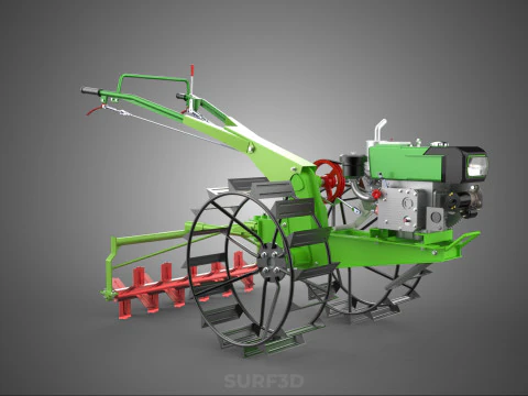 HAND WALKING TRACTOR ROTARY PUDDLER PUDDLING MUD RICE FARMING 3D Model