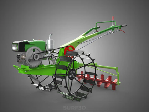 HAND WALKING TRACTOR ROTARY PUDDLER PUDDLING MUD RICE FARMING 3D Model