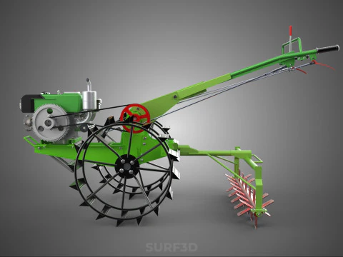 HAND WALKING TRACTOR ROTARY PUDDLER PUDDLING MUD RICE FARMING 3D Model
