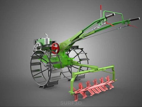 HAND WALKING TRACTOR ROTARY PUDDLER PUDDLING MUD RICE FARMING 3D Model