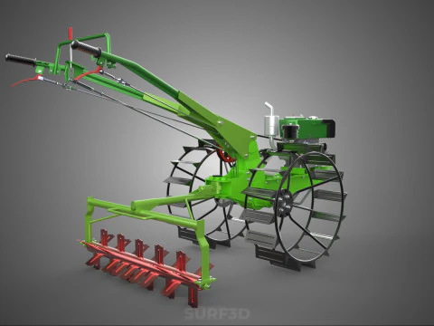 HAND WALKING TRACTOR ROTARY PUDDLER PUDDLING MUD RICE FARMING 3D Model