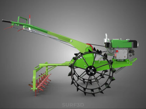 HAND WALKING TRACTOR ROTARY PUDDLER PUDDLING MUD RICE FARMING 3D Model