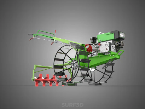 HAND WALKING TRACTOR ROTARY PUDDLER PUDDLING MUD RICE FARMING 3D Model