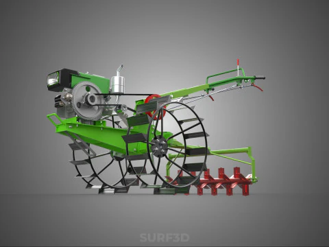 HAND WALKING TRACTOR ROTARY PUDDLER PUDDLING MUD RICE FARMING 3D Model