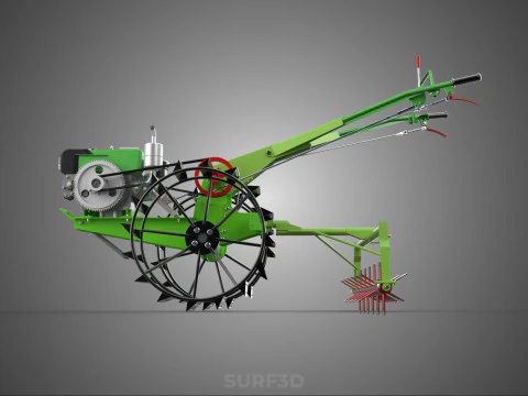 HAND WALKING TRACTOR ROTARY PUDDLER PUDDLING MUD RICE FARMING 3D Model