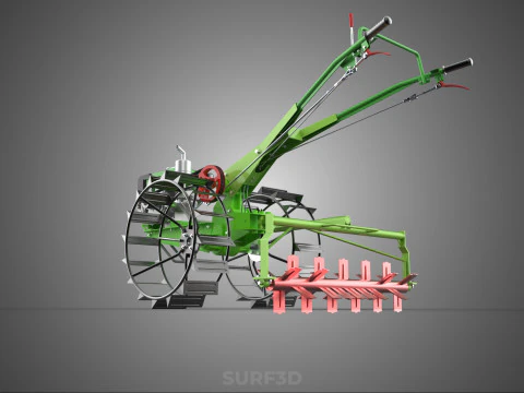 HAND WALKING TRACTOR ROTARY PUDDLER PUDDLING MUD RICE FARMING 3D Model