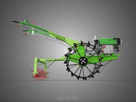 HAND WALKING TRACTOR ROTARY PUDDLER PUDDLING MUD RICE FARMING 3D Model
